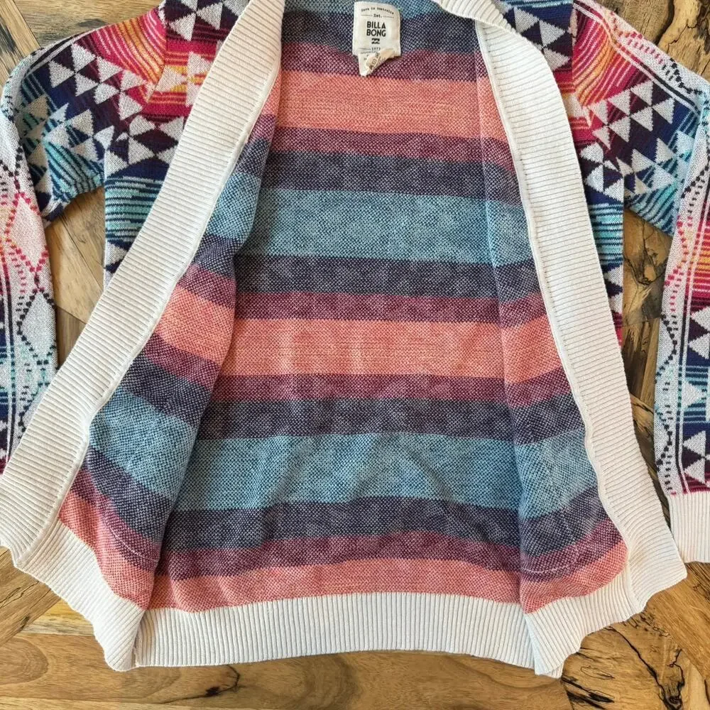 Billabong Girls L 12/14 Southwestern Aztec Geometric Knit Open Front Cardigan